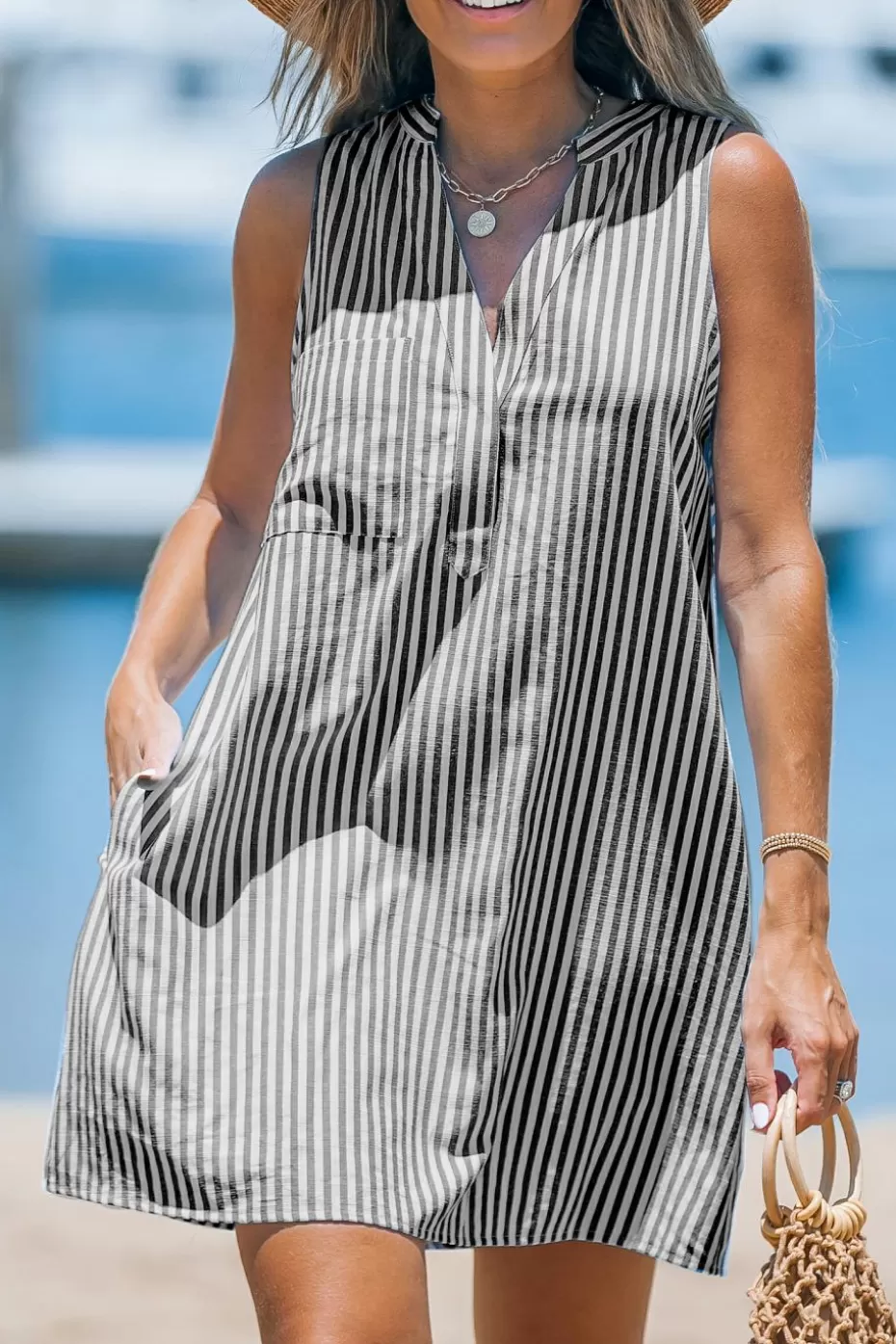 Outlet Cupshe And White Stripe Sleeveless V-Neck Mini Dress Black