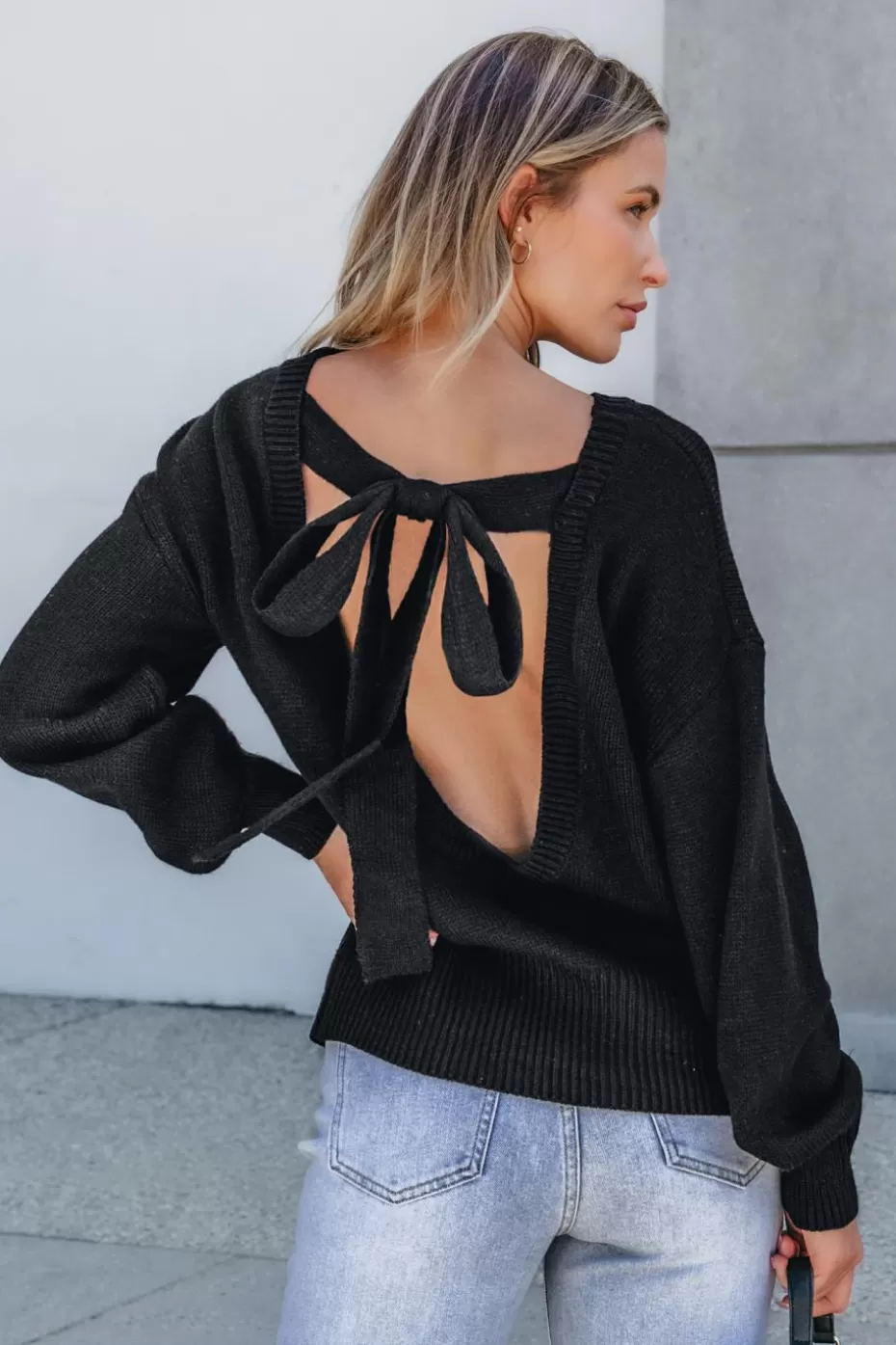 Clearance Cupshe Boatneck Long Sleeve Open Back Sweater Black