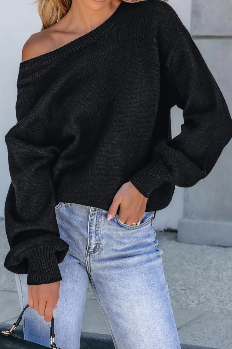 Clearance Cupshe Boatneck Long Sleeve Open Back Sweater Black