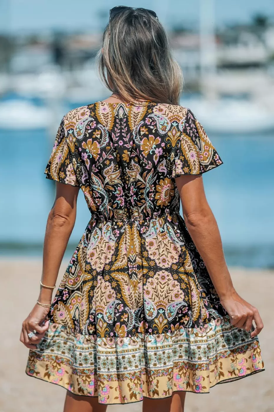 Outlet Cupshe Boho V-Neck Flared Sleeve Mini Dress Black