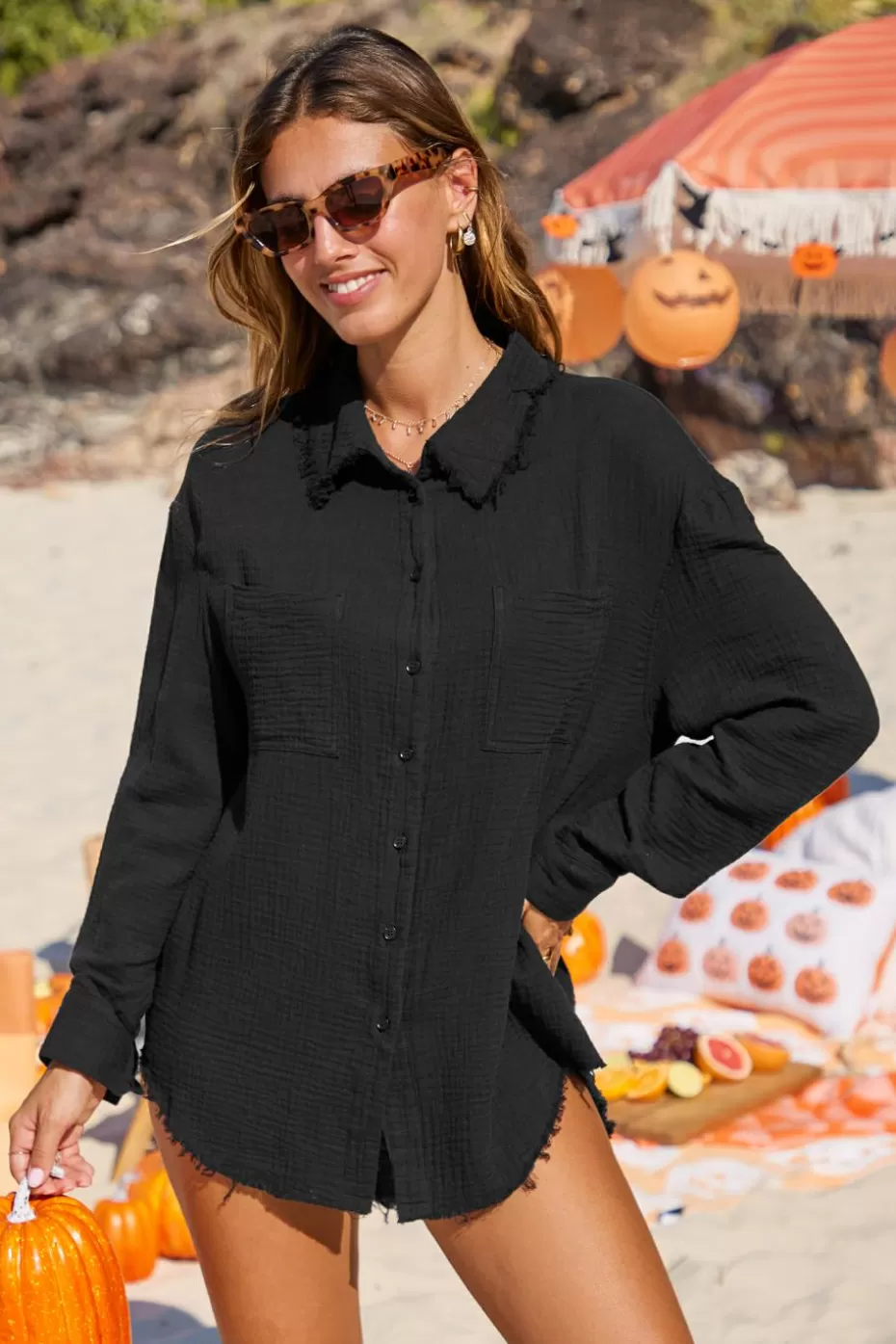 Flash Sale Cupshe Collared Button-Up Frayed Hem Shacket Black