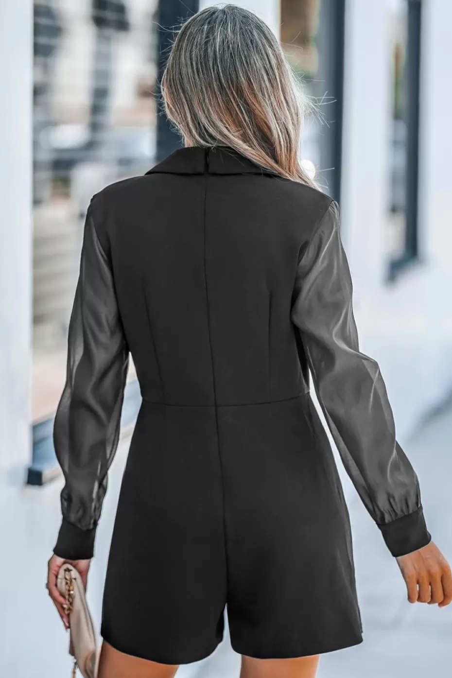 Cheap Cupshe Collared Sheer Sleeve Straight Leg Romper Black