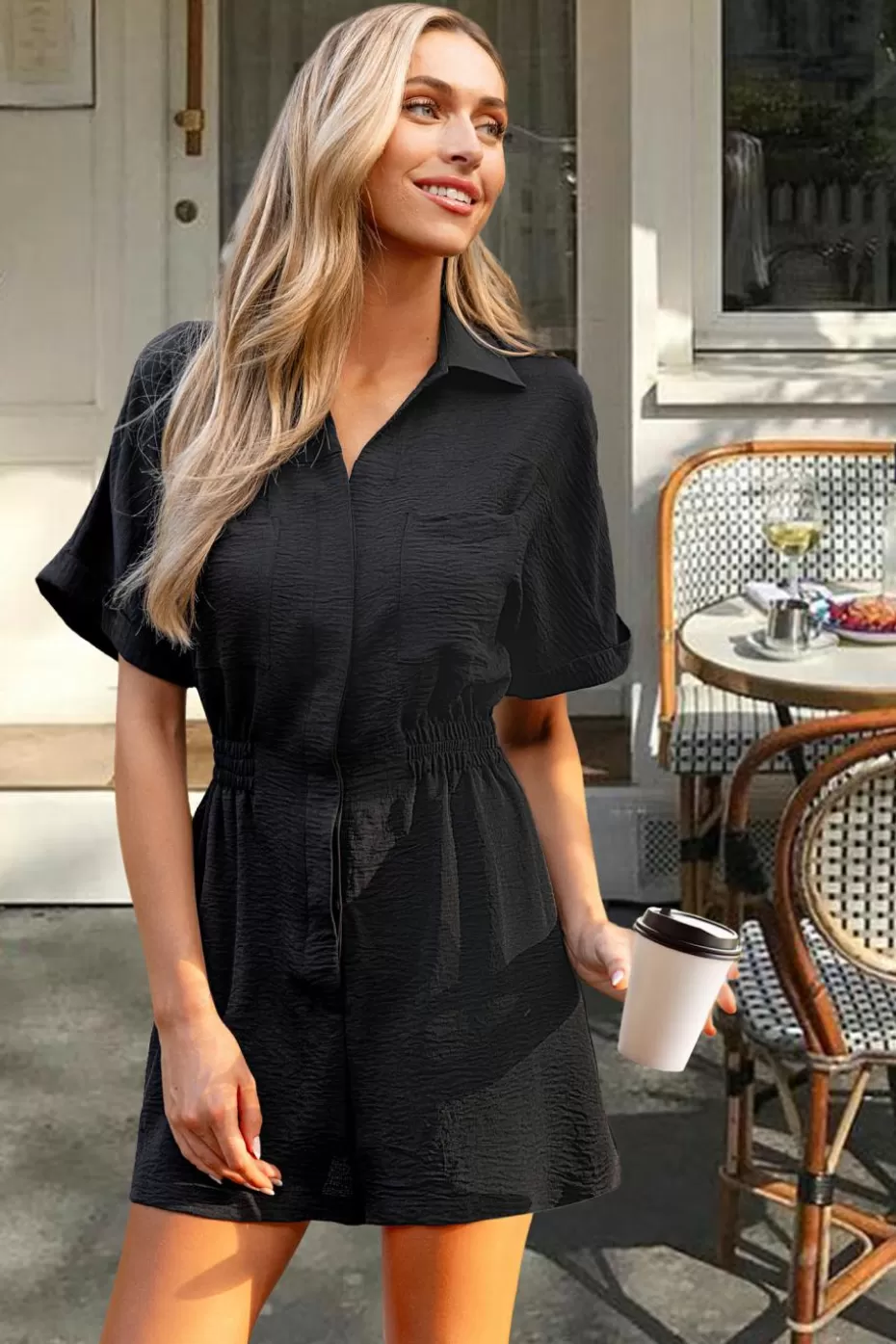 Shop Cupshe Collared Short Sleeve Wide Leg Romper Black
