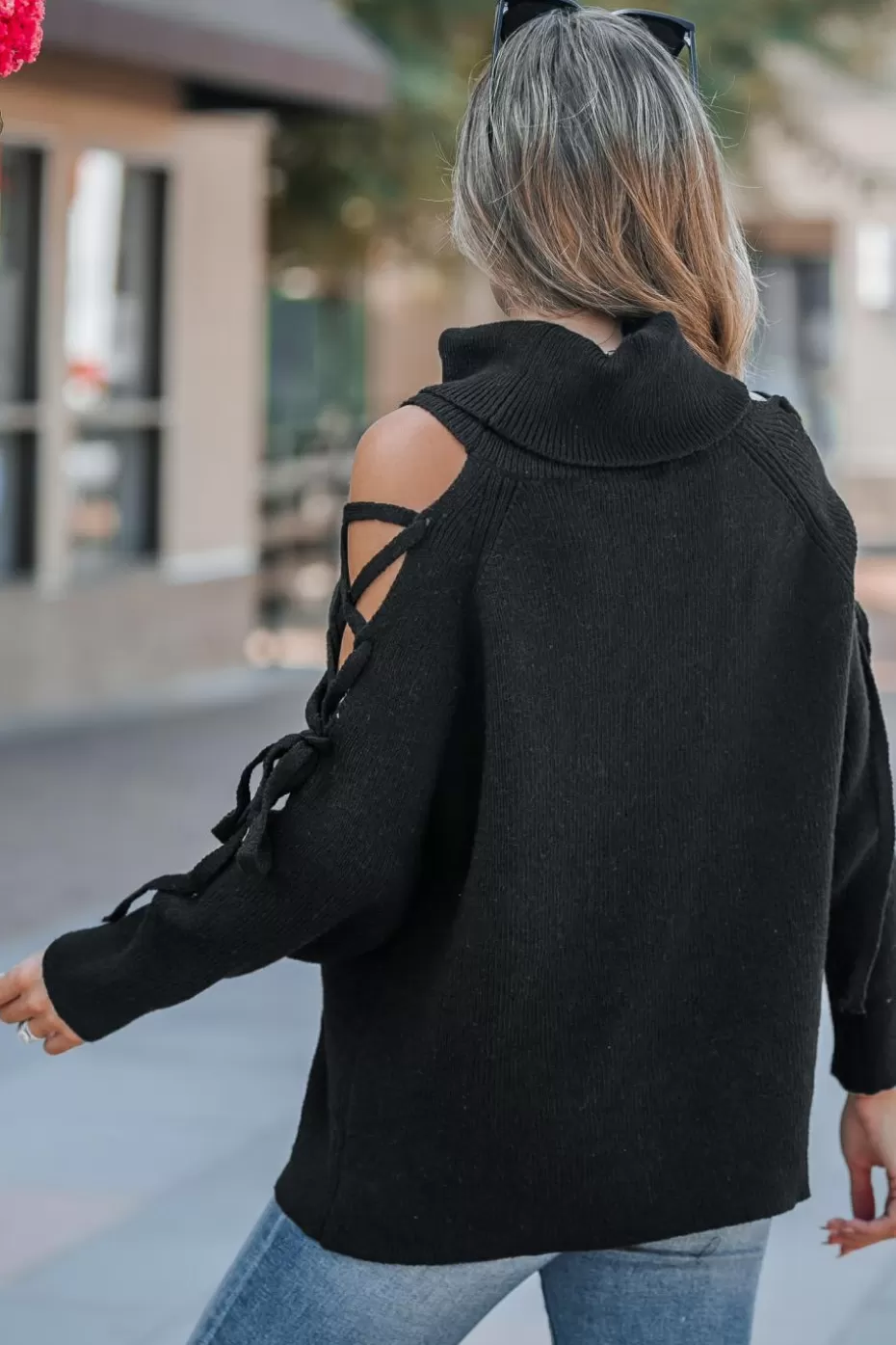 New Cupshe Cutout Long Sleeve Turtleneck Sweater Black