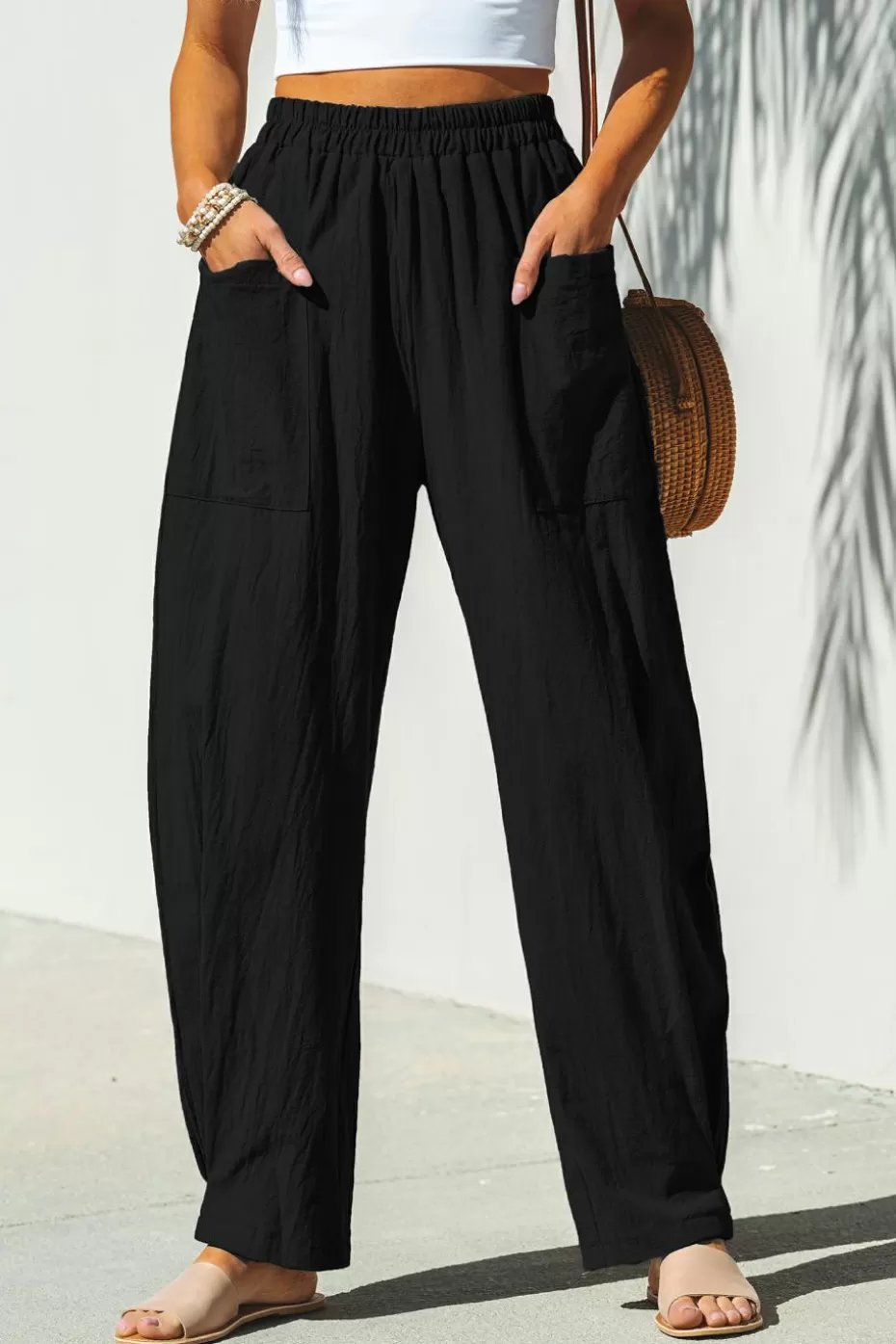 New Cupshe Elastic Waist Tapered Leg Pants Black