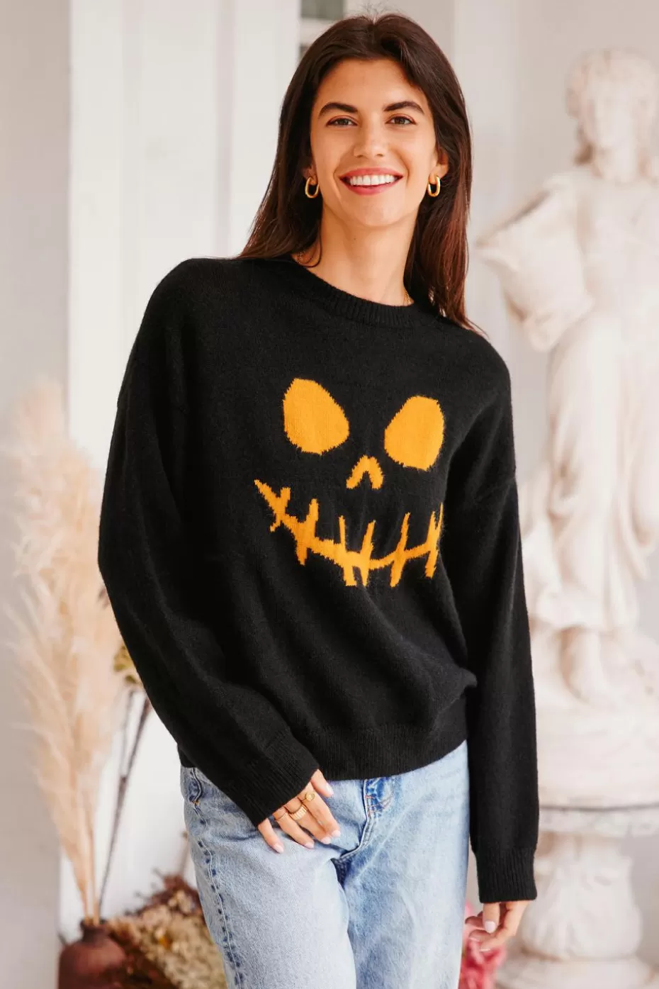 Online Cupshe Evil Jack-O-Lantern Long Sleeve Sweater Black