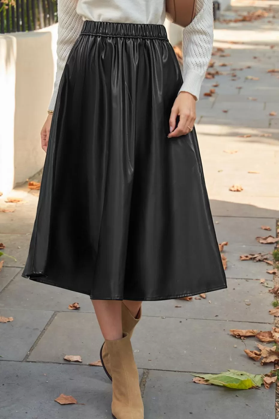 Hot Cupshe Faux Leather Elastic Waist Midi Skirt Black