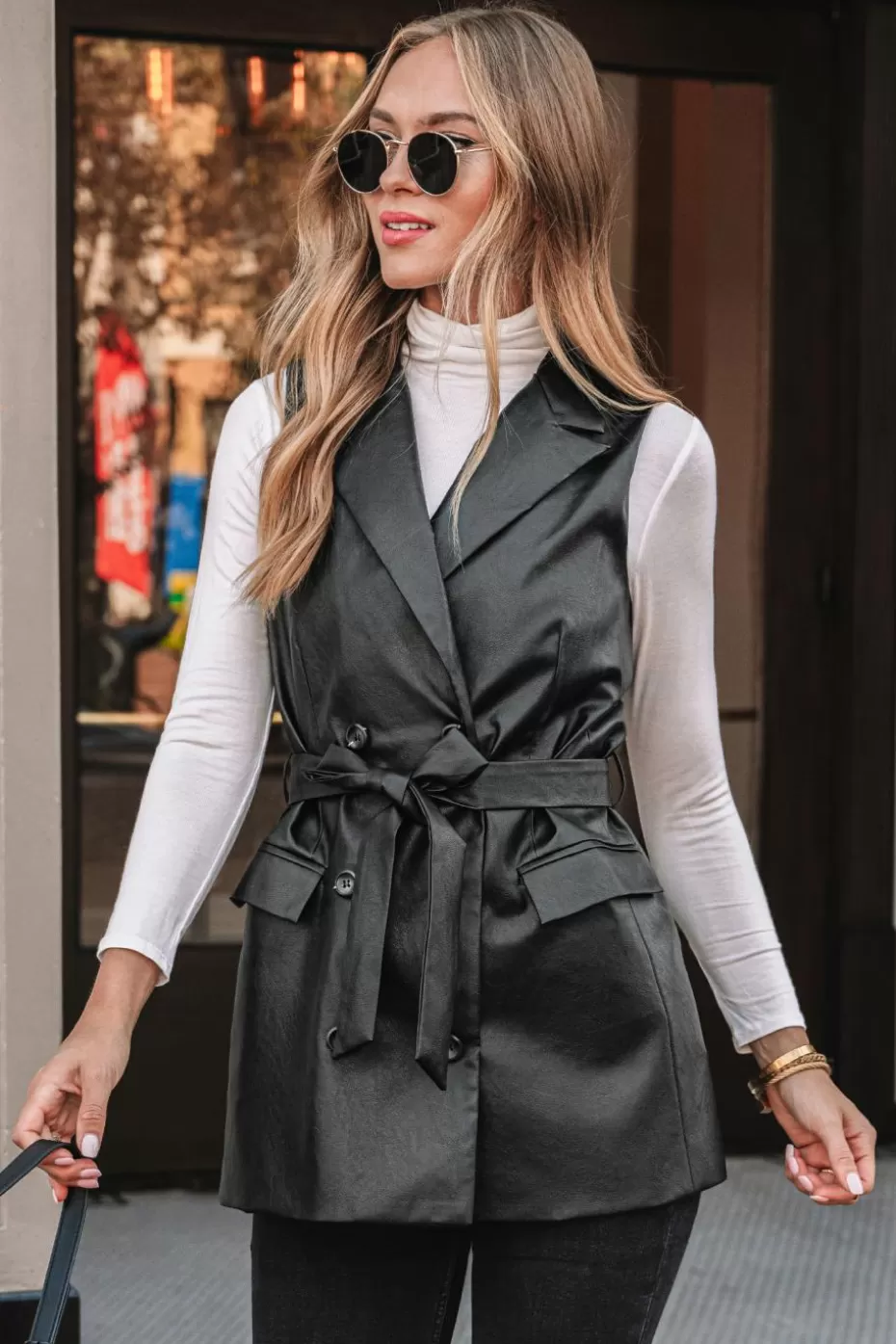 Outlet Cupshe Faux Leather Longline Vest Black