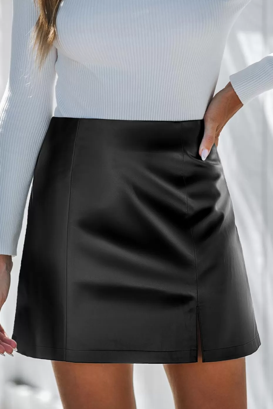 Shop Cupshe Faux Leather Notched Hem Mini Skirt Black