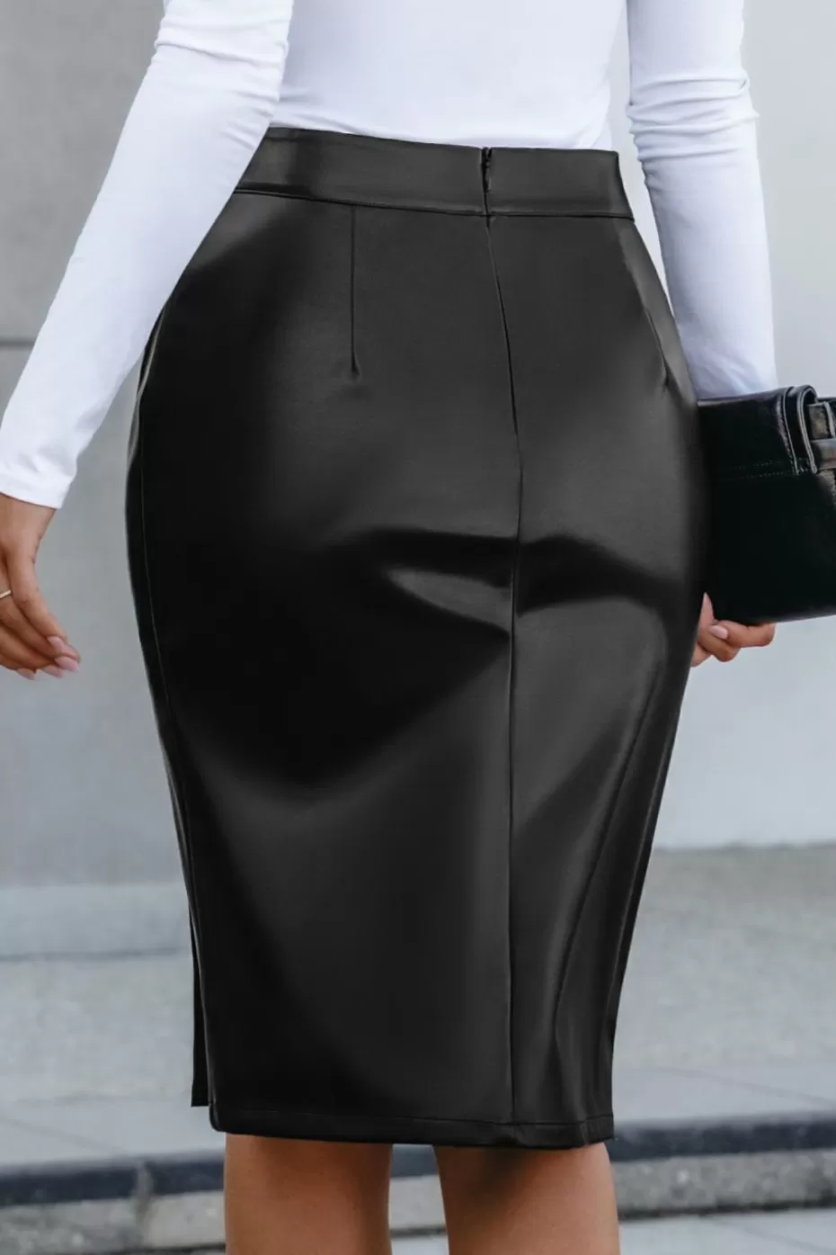 Store Cupshe Faux Leather Split Hem Midi Skirt Black