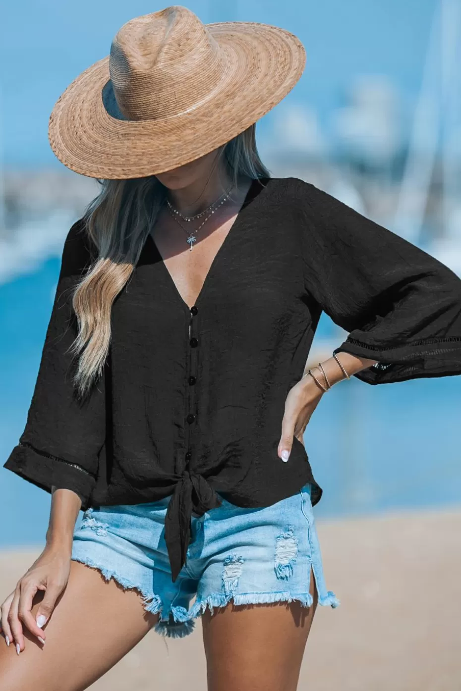 Discount Cupshe Flared Sleeve And Tied-Waist Cover-Up Black