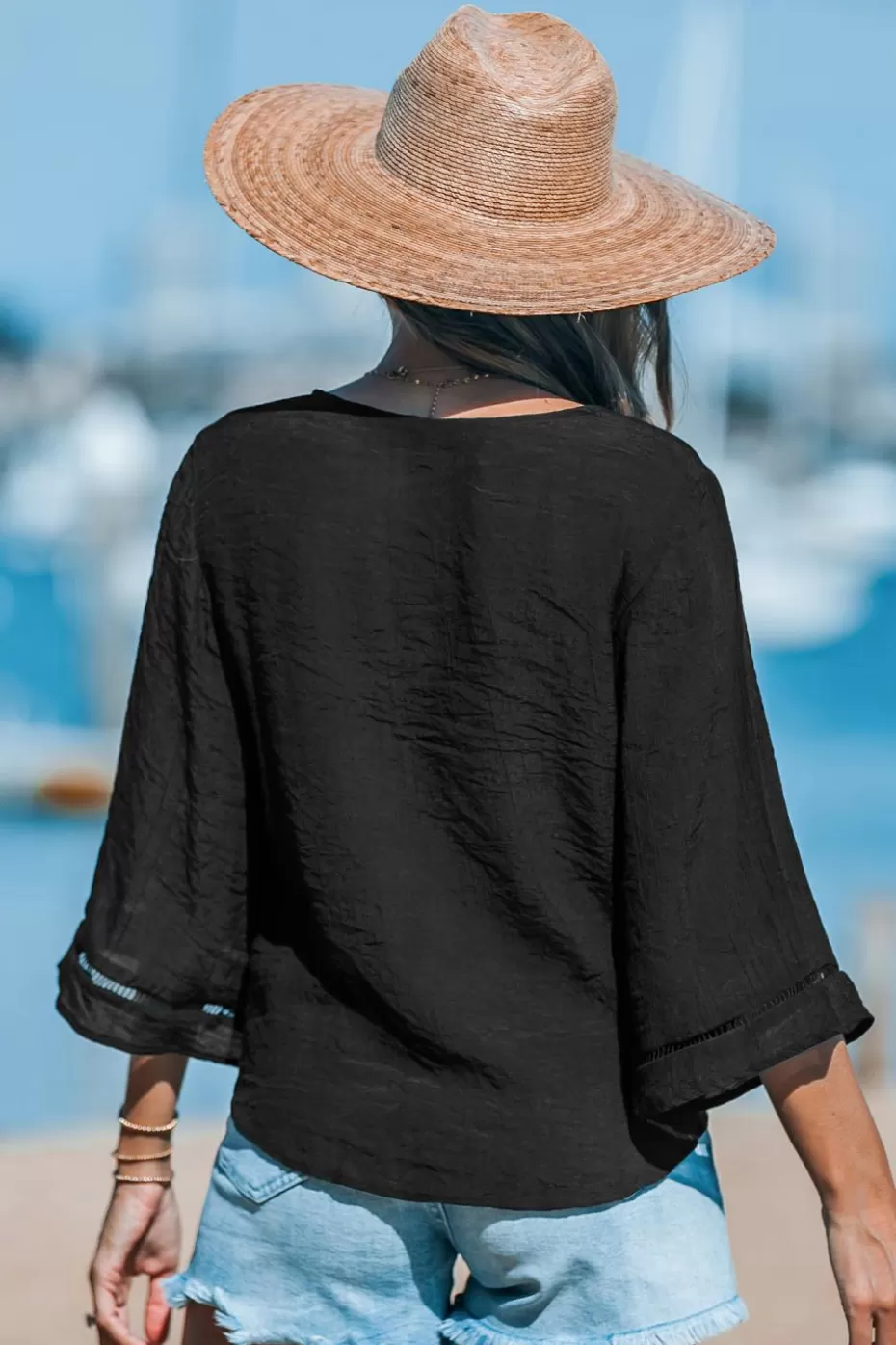 Discount Cupshe Flared Sleeve And Tied-Waist Cover-Up Black