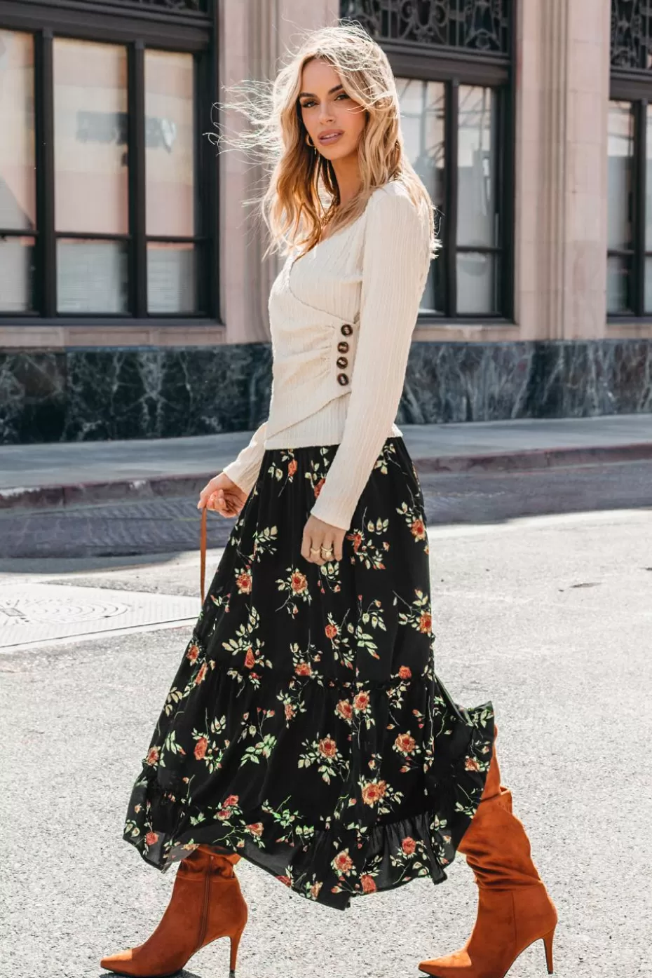Shop Cupshe Floral Elastic Waist Maxi Skirt Black