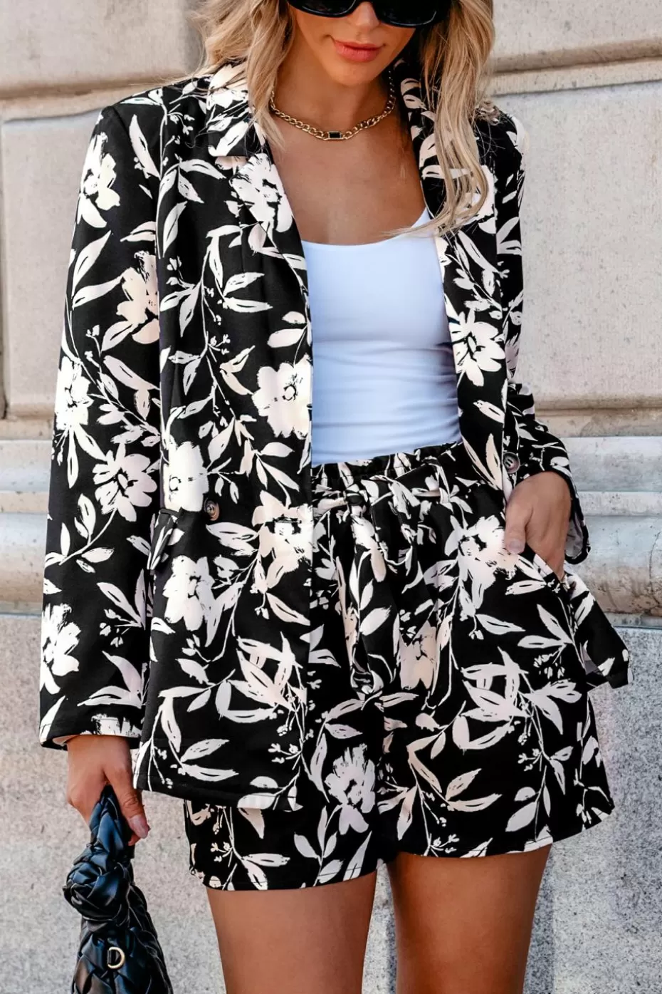 Sale Cupshe Floral Long Sleeve Collared Blazer Black