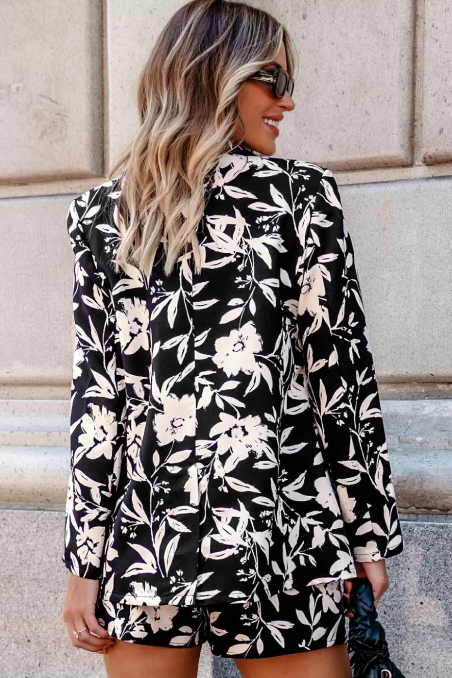 Sale Cupshe Floral Long Sleeve Collared Blazer Black