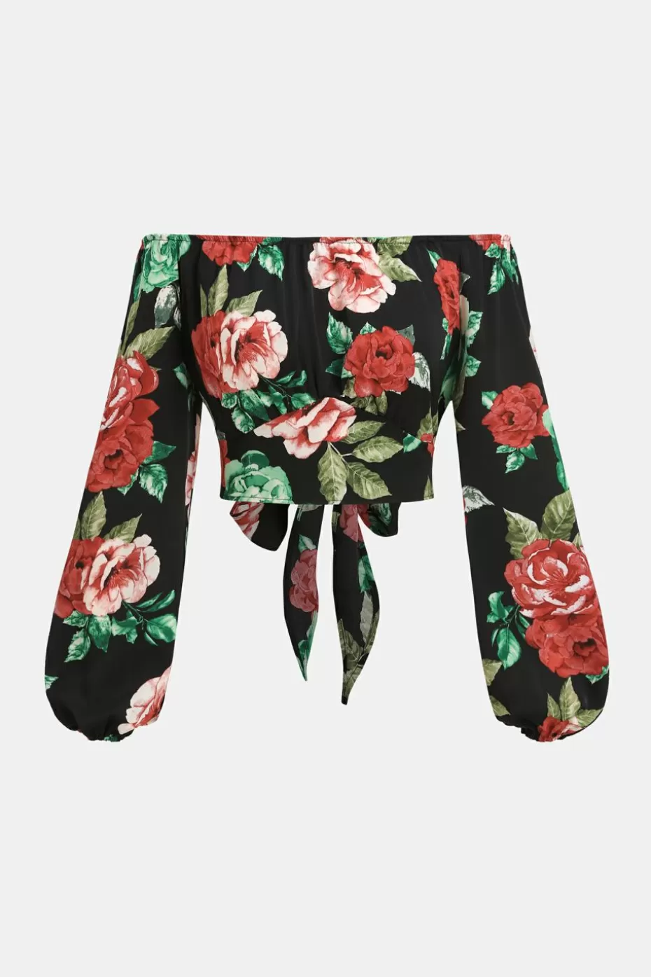 Clearance Cupshe Floral Off-Shoulder Blouson Sleeve Crop Top Black