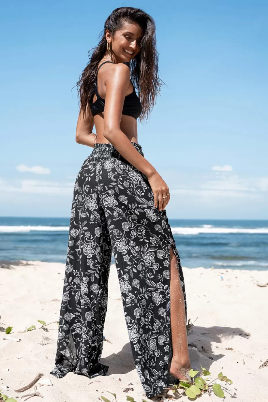 Sale Cupshe Floral Smocked Waist Cover-Up Pants Black