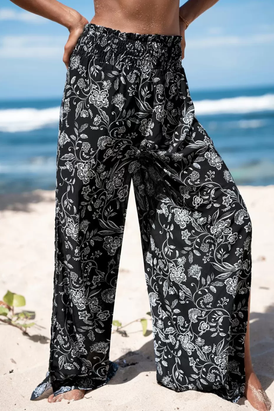 Sale Cupshe Floral Smocked Waist Cover-Up Pants Black
