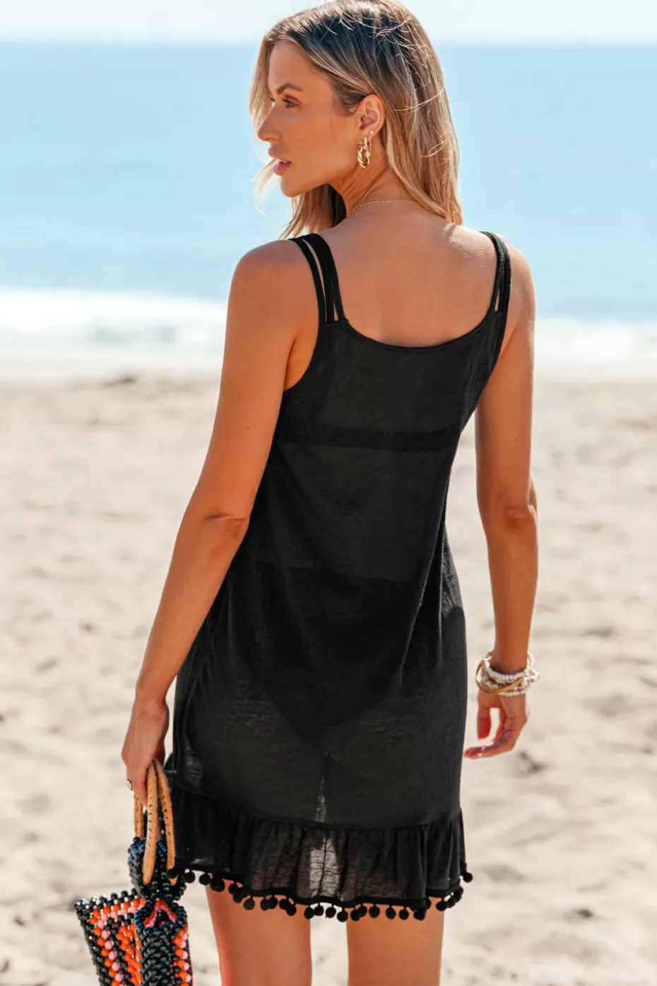 Hot Cupshe Flounce Hem Pom-Pom Cover-Up Dress Black