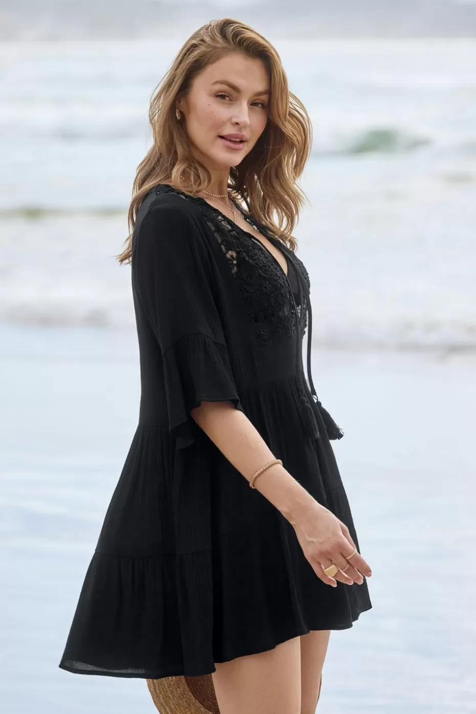 Online Cupshe Half Sleeve Tassel Tie Mini Cover-Up Dress Black