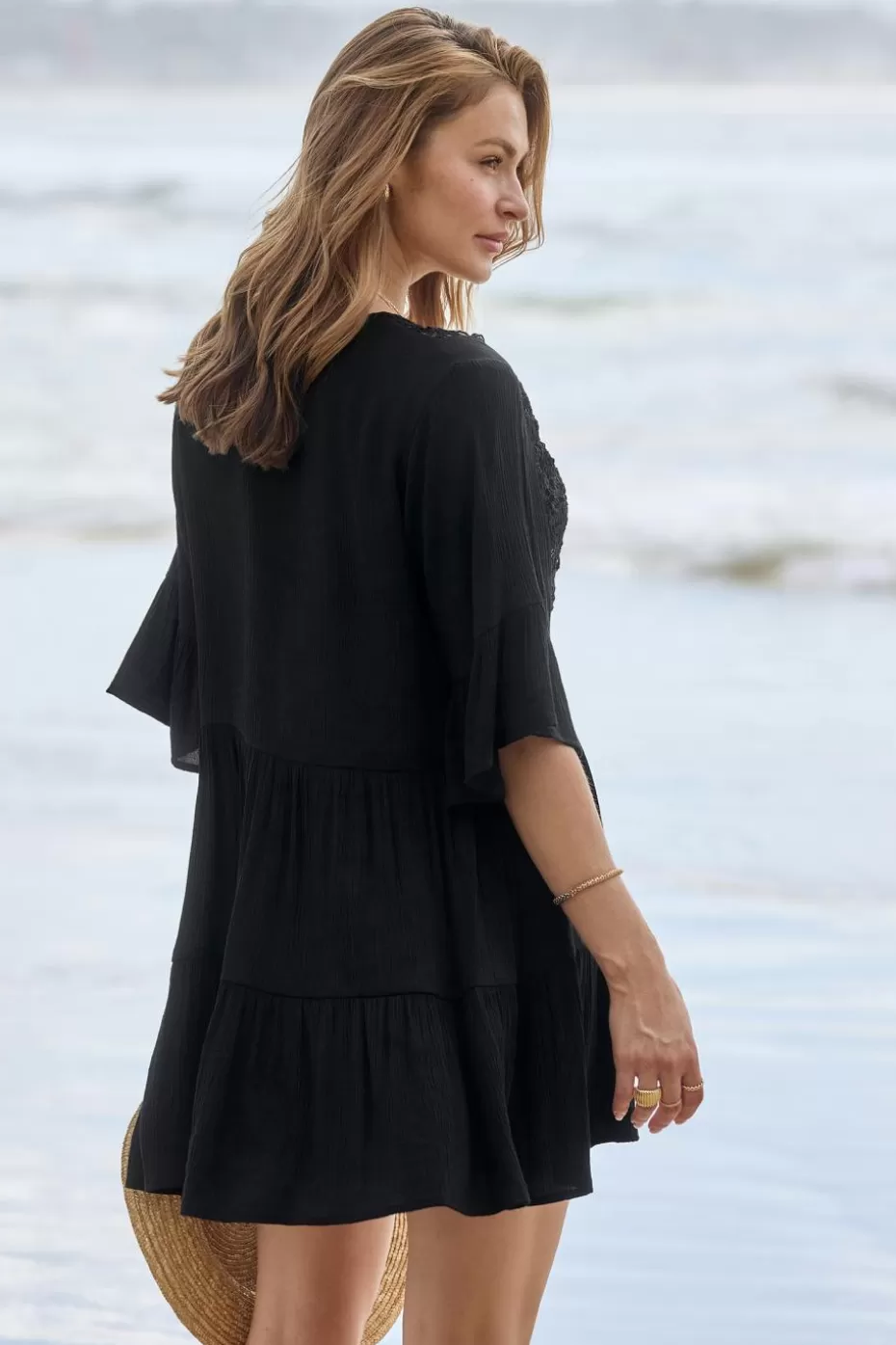 Online Cupshe Half Sleeve Tassel Tie Mini Cover-Up Dress Black