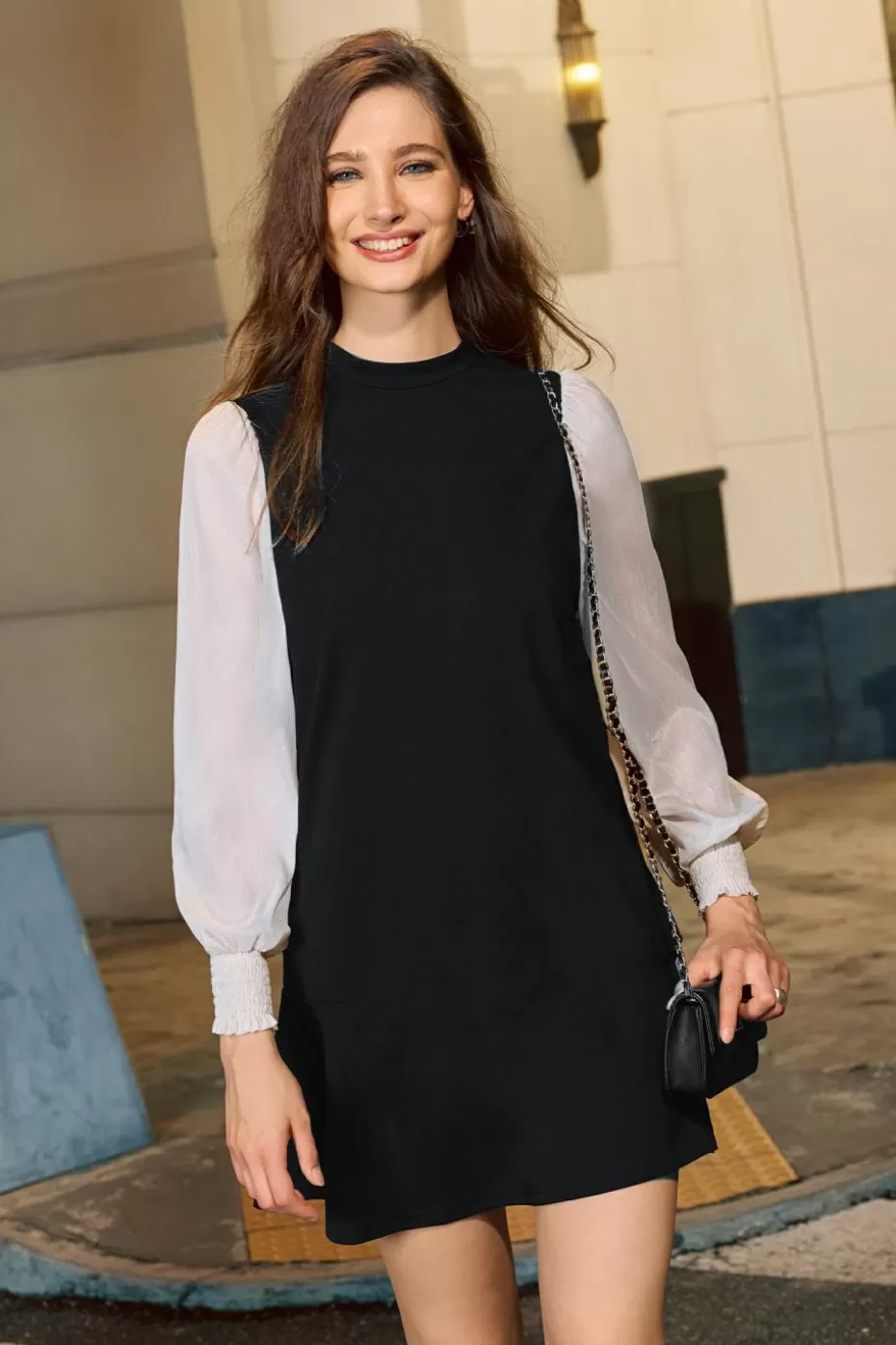 Sale Cupshe High Neck White Blouson Sleeve Mini Dress Black