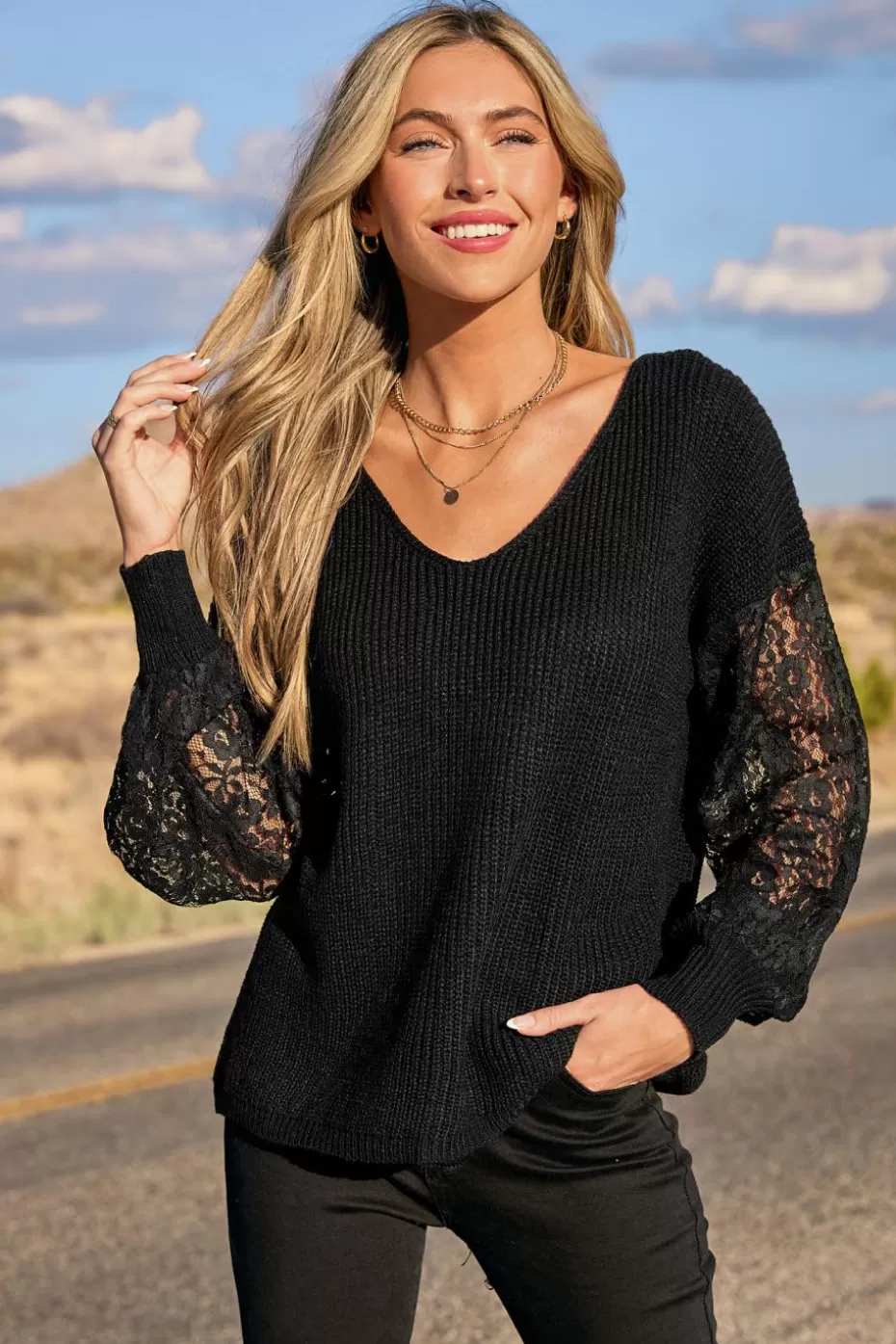 Online Cupshe Lace Long Sleeve Sweater Black