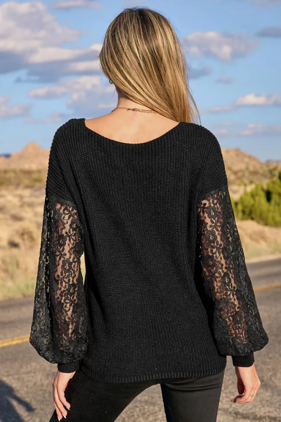 Online Cupshe Lace Long Sleeve Sweater Black