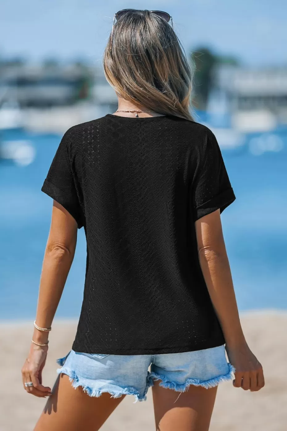 Cheap Cupshe Lace V-Neck Dolman Sleeve Tee Black