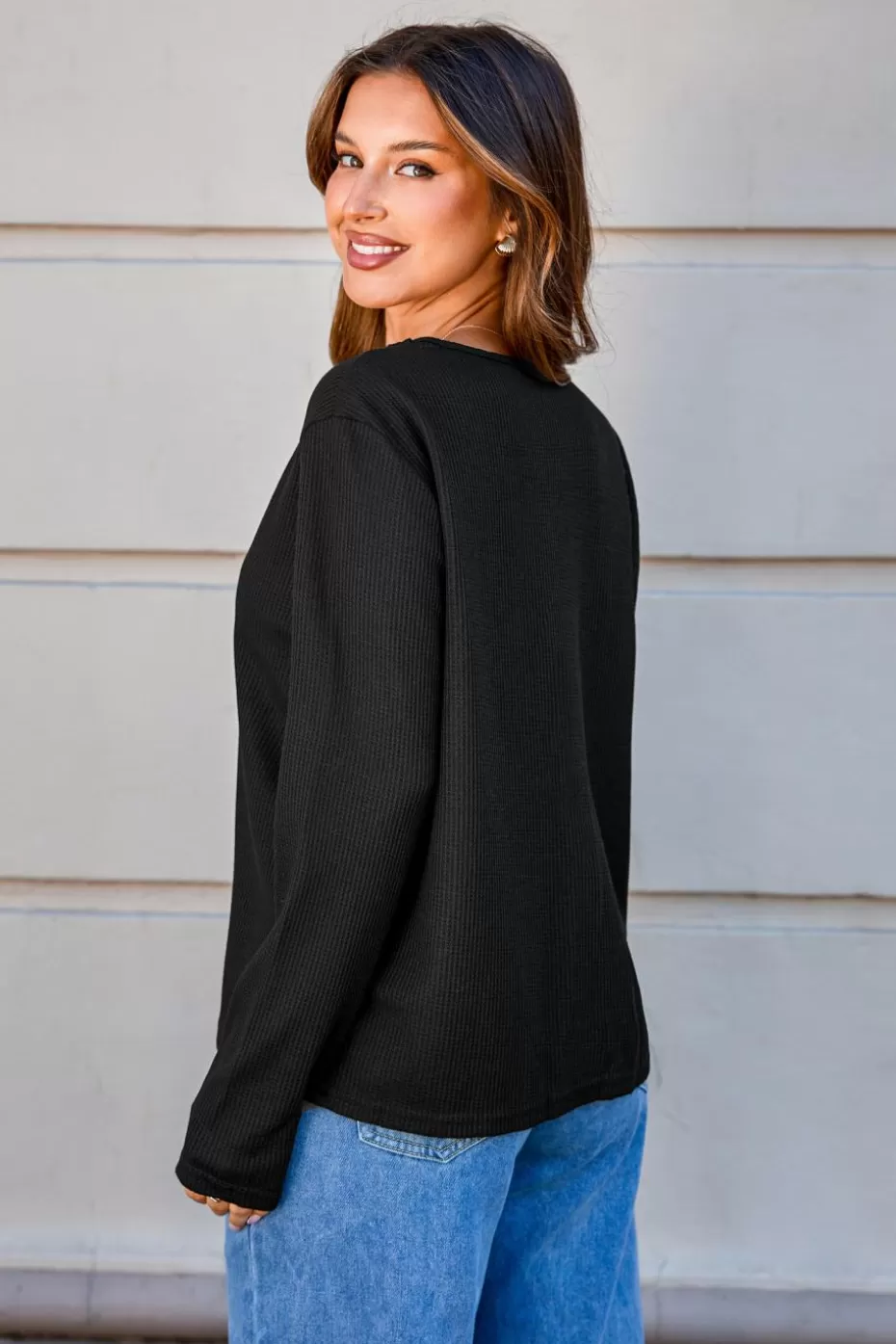 Fashion Cupshe Lace V-Neck Long Sleeve Blouse Black