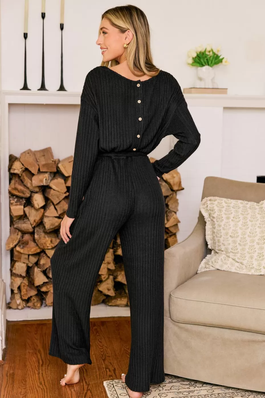 Shop Cupshe Long Sleeve Back Button Straight Leg Jumpsuit Black
