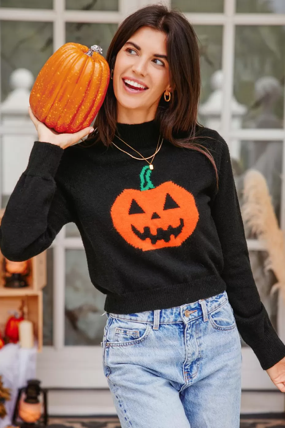 Sale Cupshe Long Sleeve Jack-O-Lantern Mockneck Sweater Black