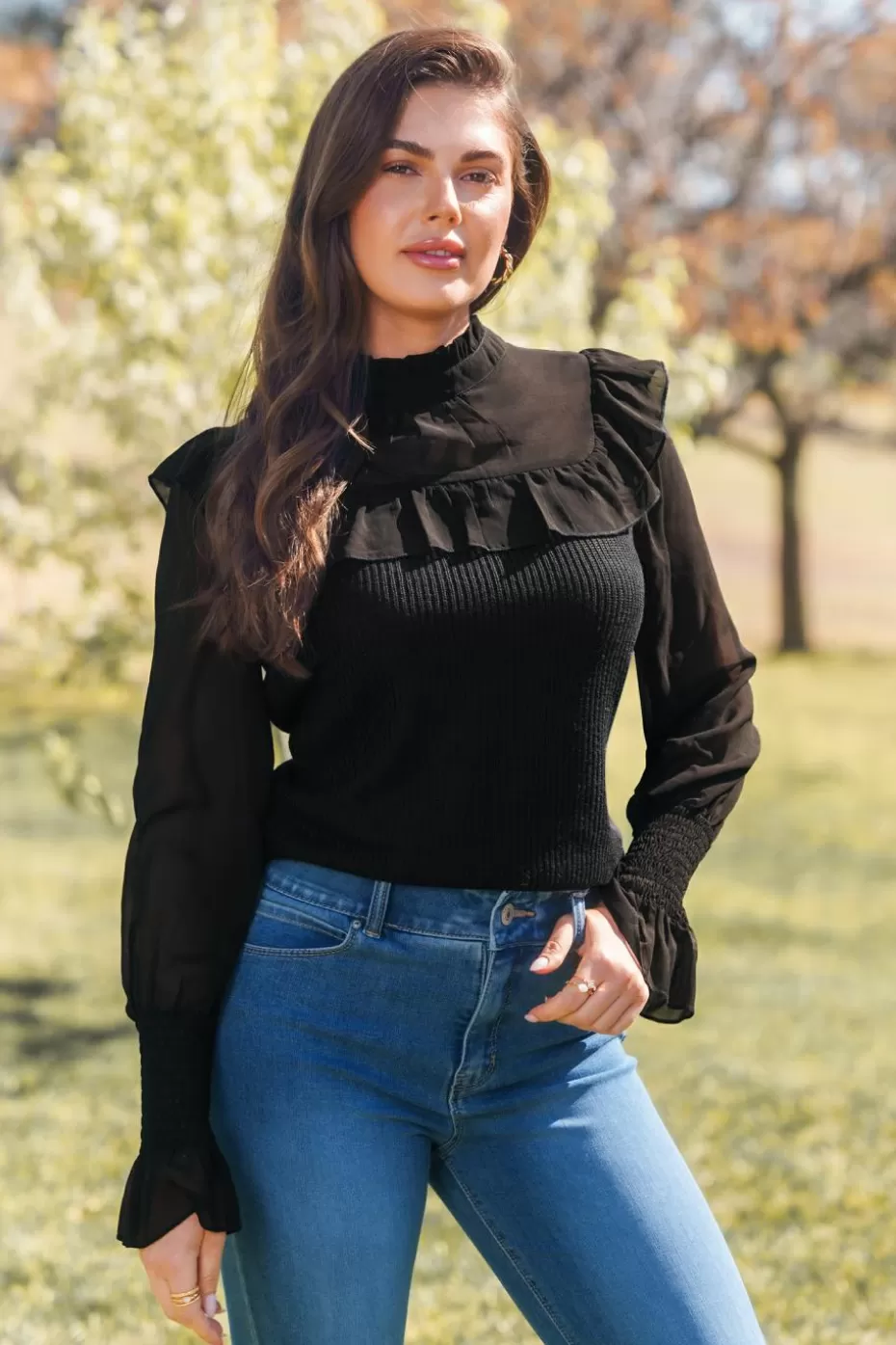 Store Cupshe Mockneck Ruffled Long Sleeve Blouse Black