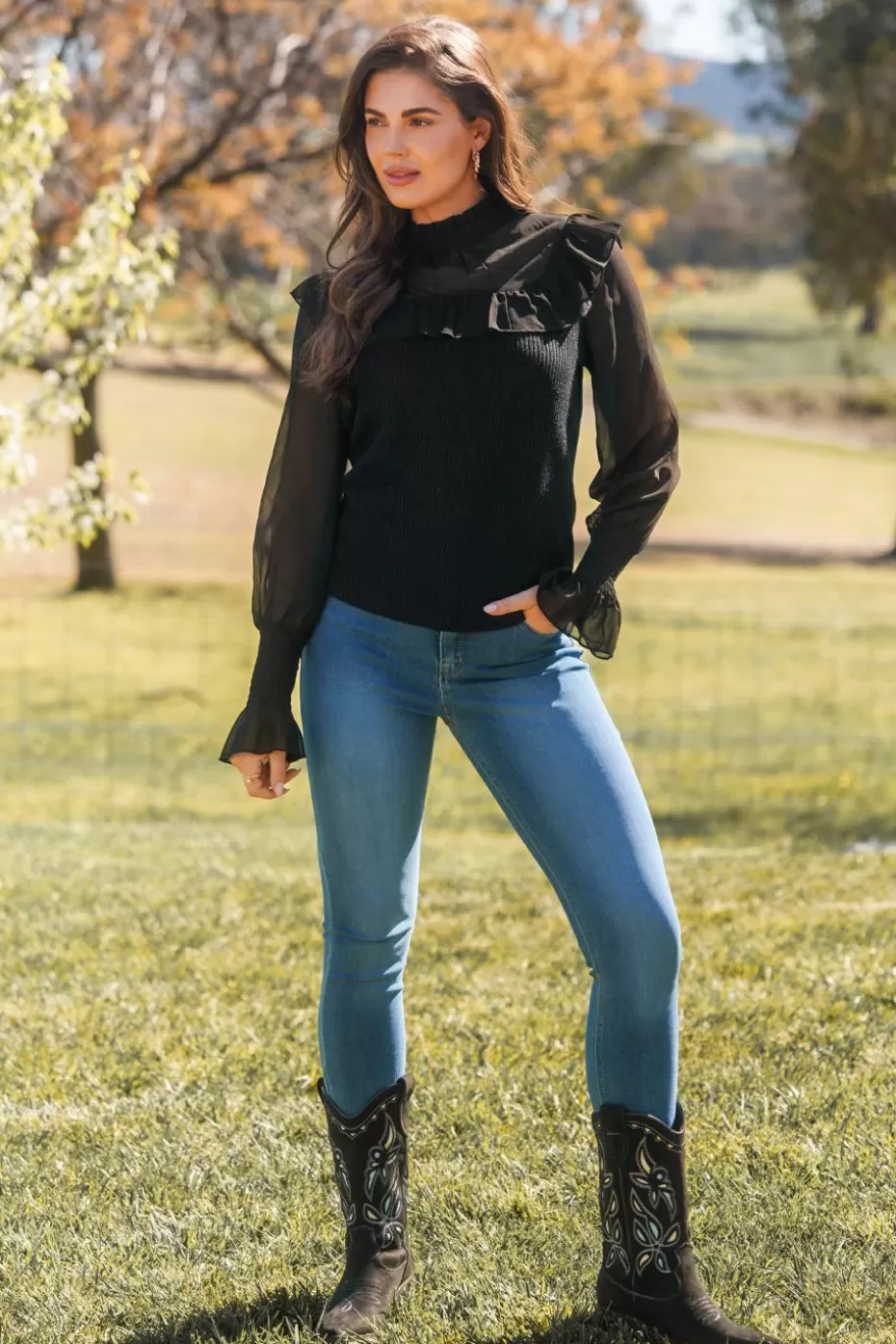 Store Cupshe Mockneck Ruffled Long Sleeve Blouse Black
