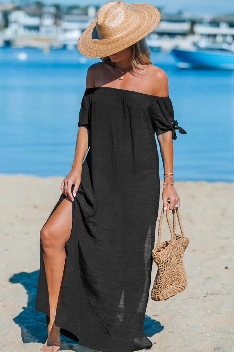 Discount Cupshe Off-Shoulder Side Slit Maxi Cover-Up Black