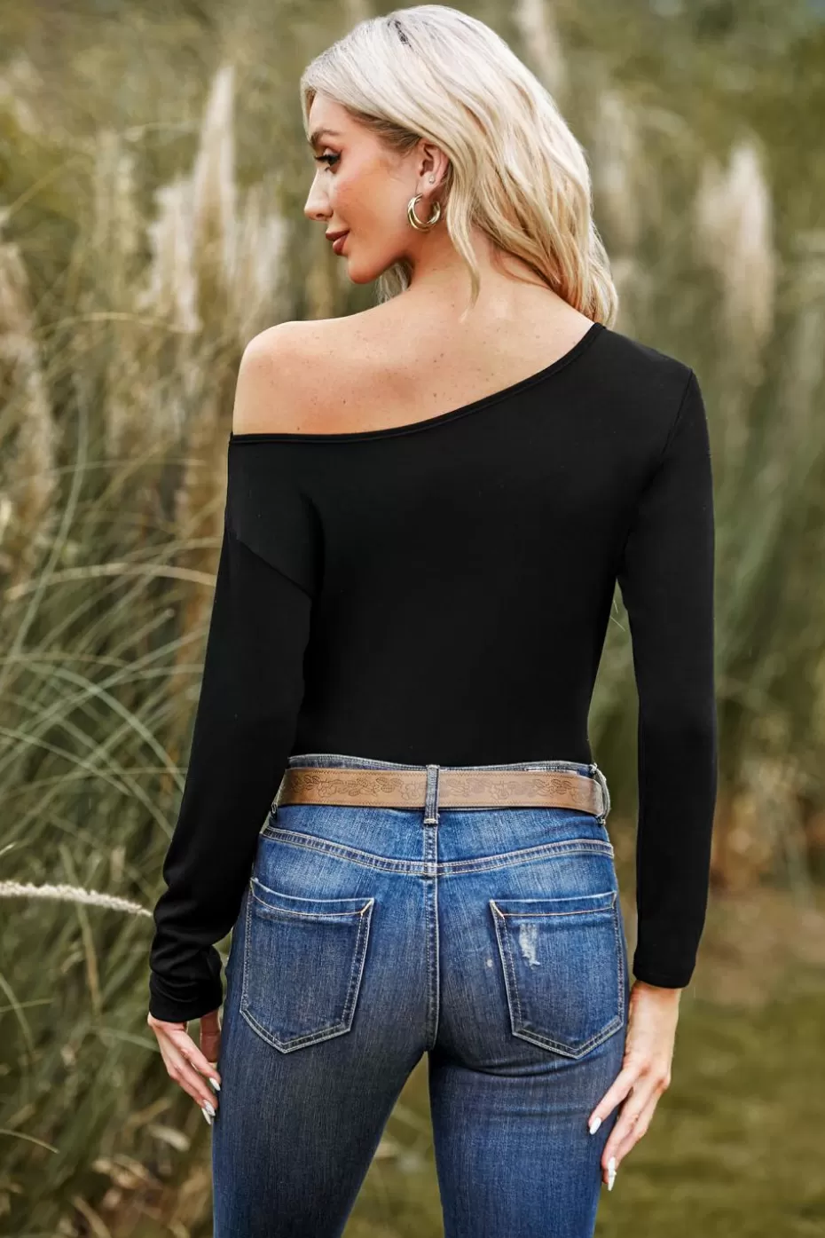Hot Cupshe One Shoulder Long Sleeve Sweater Black