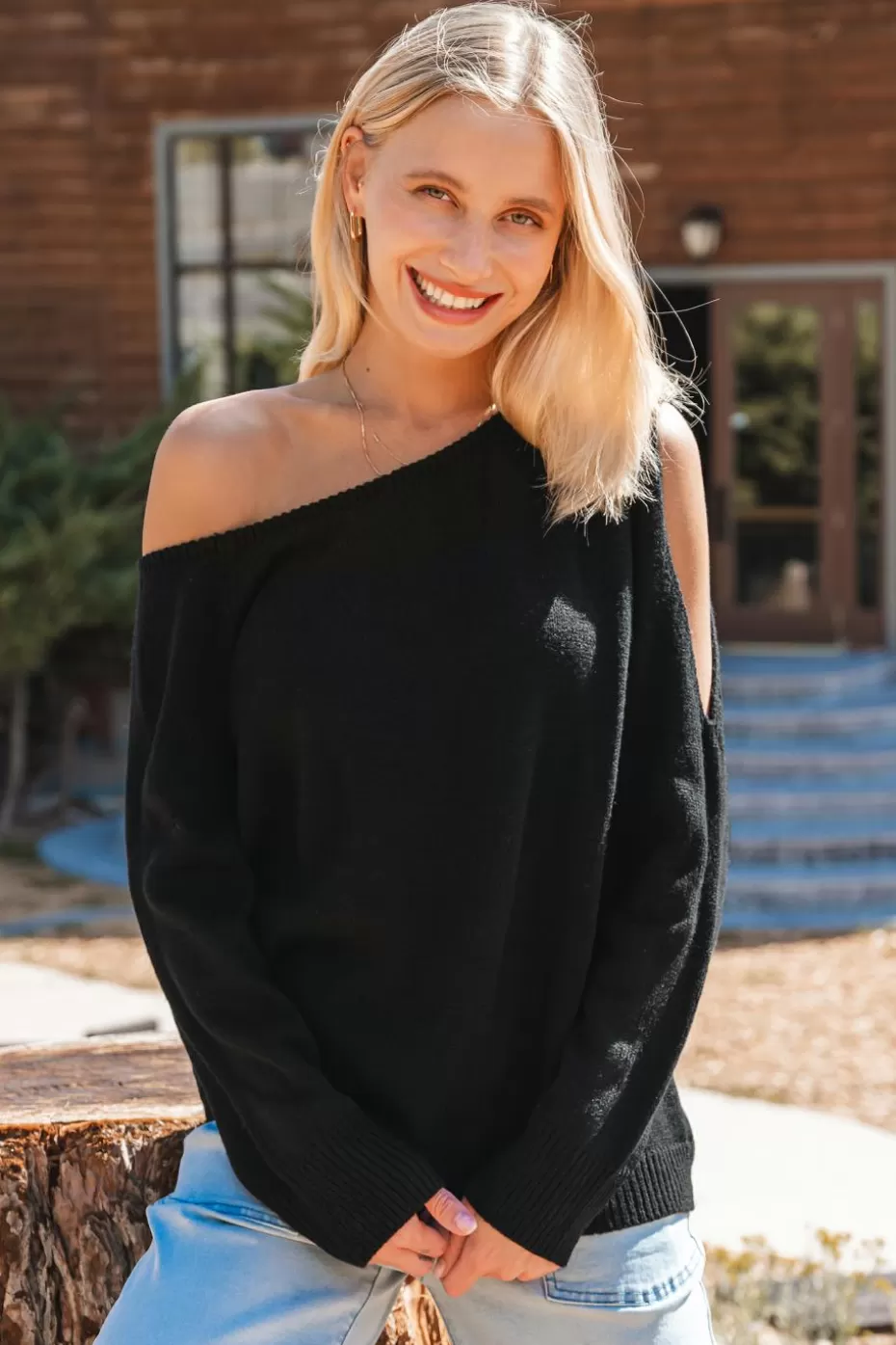 Outlet Cupshe One-Shoulder Cutout Sweater Black