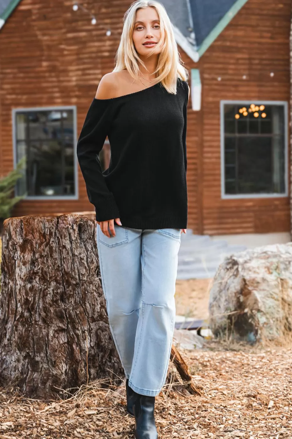 Outlet Cupshe One-Shoulder Cutout Sweater Black
