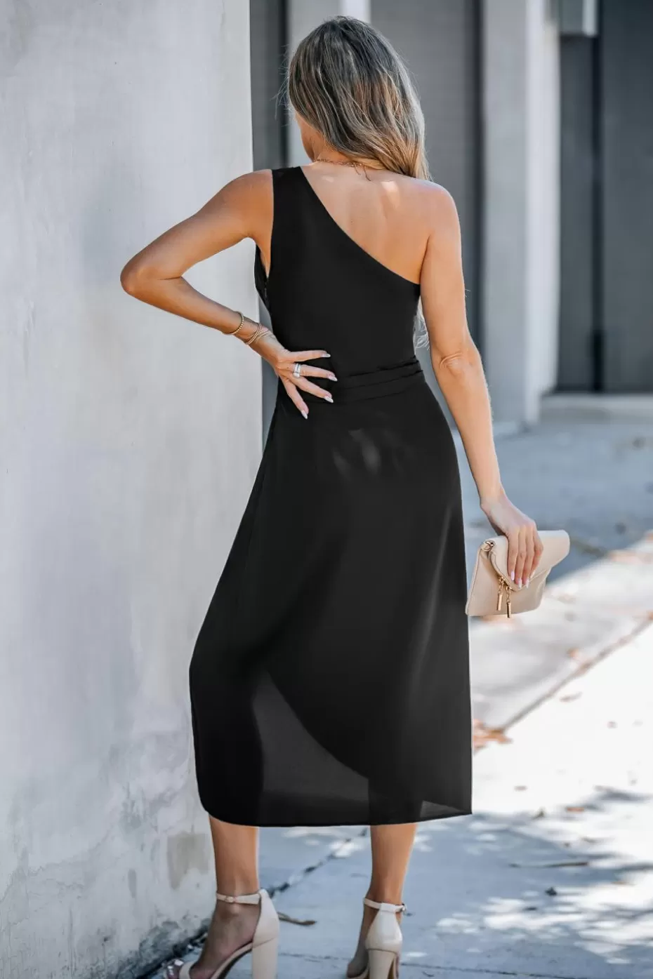 Store Cupshe One-Shoulder Ruched Midi Dress Black
