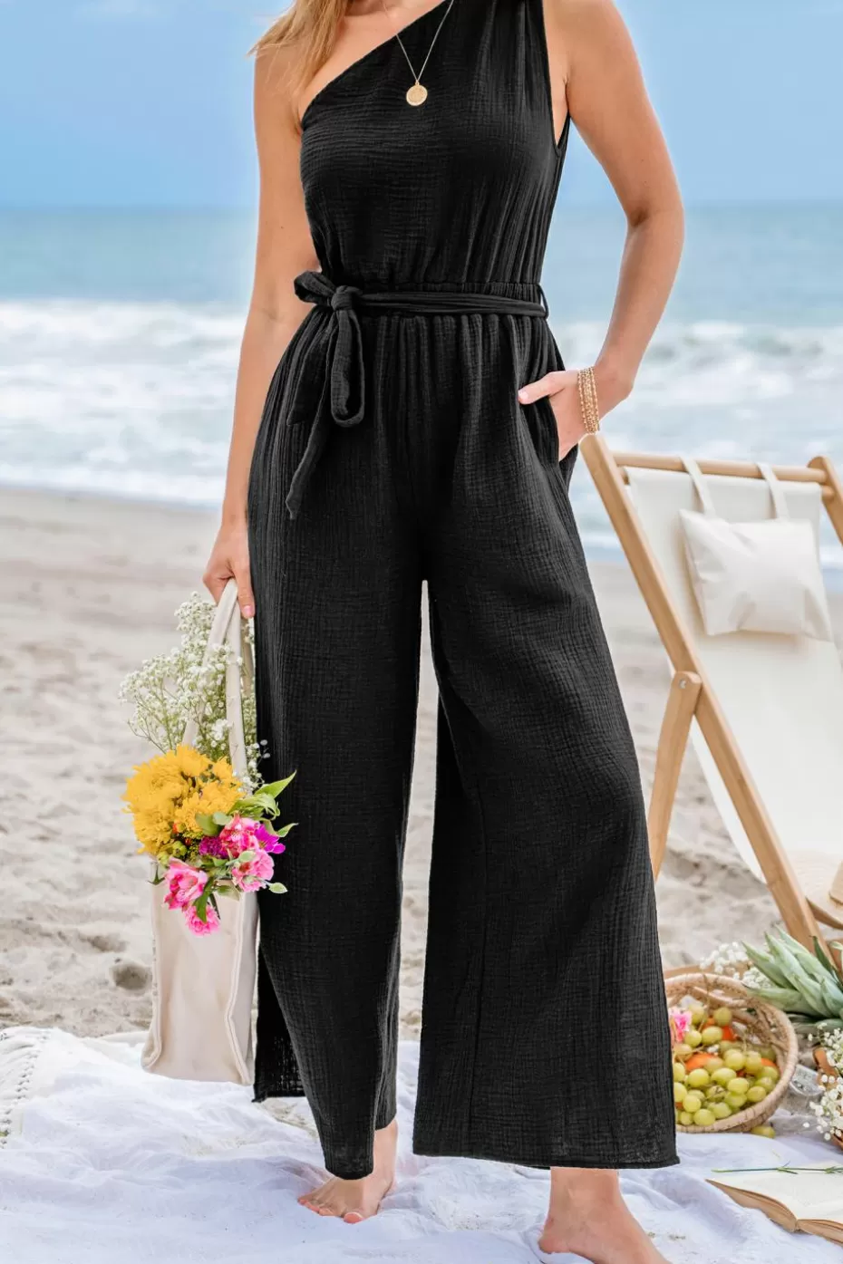 Online Cupshe One-Shoulder Wide Leg Jumpsuit Black