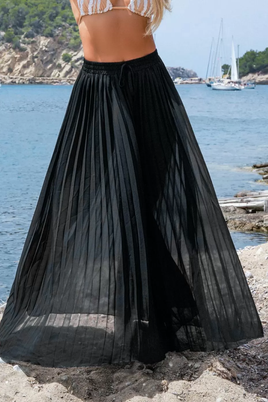 Shop Cupshe Pleated Chiffon Maxi Cover-Up Skirt Black
