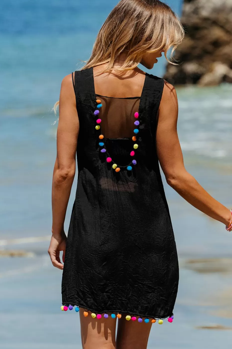 New Cupshe Pom Pom Cover-Up Dress Black
