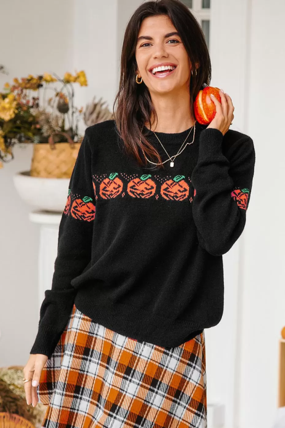 Cheap Cupshe Pumpkin Round Neck Long Sleeve Sweater Black