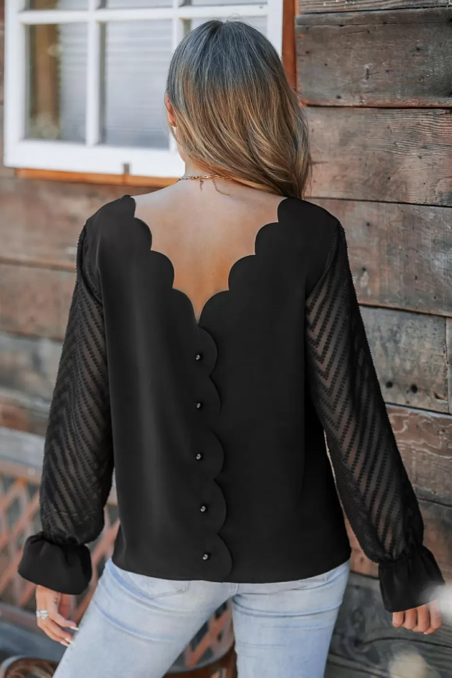 Flash Sale Cupshe Reversible Boatneck Sheer Poet Sleeve Blouse Black