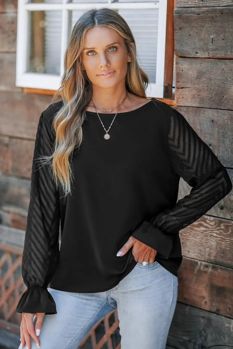 Flash Sale Cupshe Reversible Boatneck Sheer Poet Sleeve Blouse Black