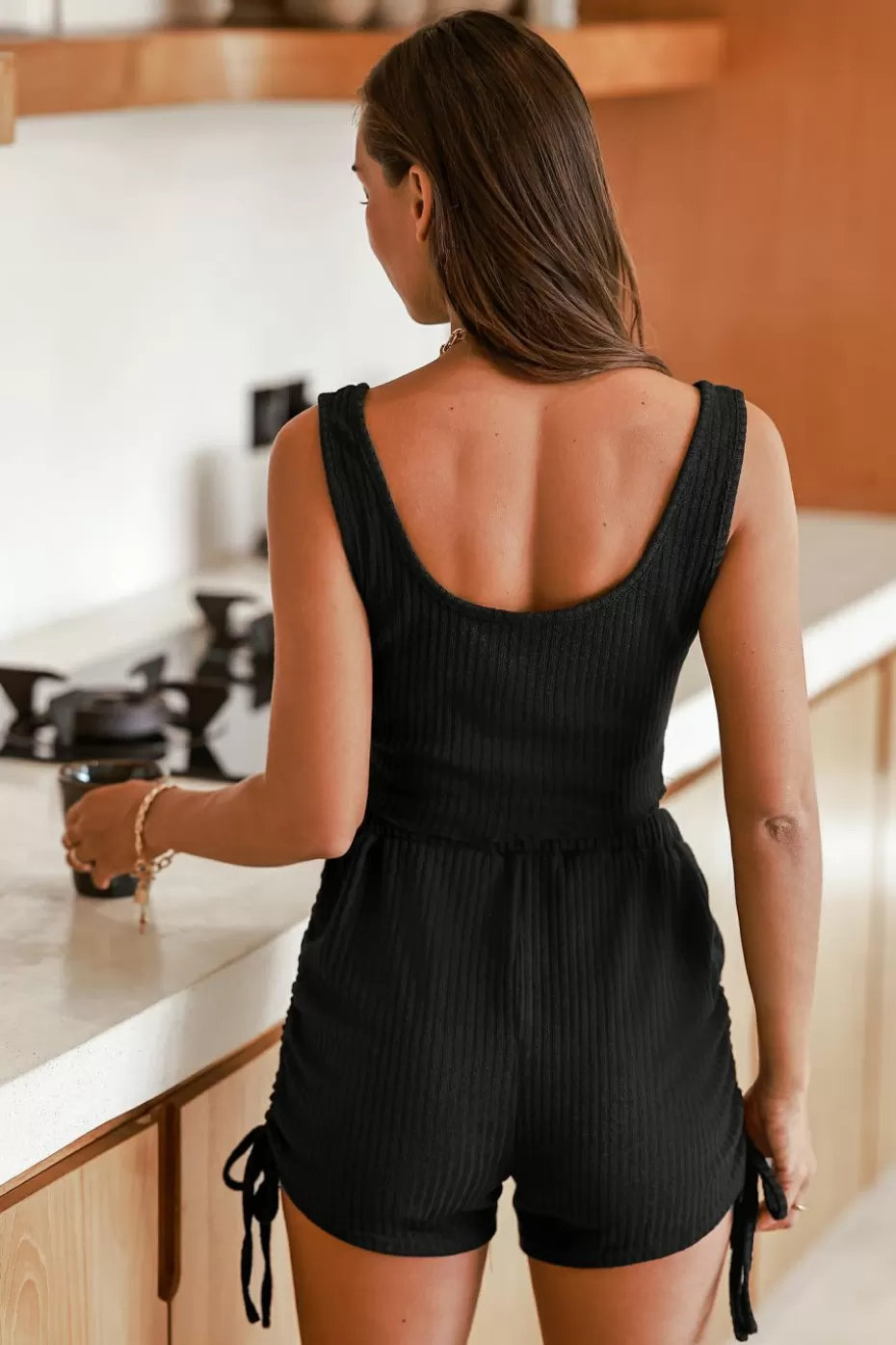 Outlet Cupshe Ribbed Knit Cropped Tank & Shorts Pajama Set Black