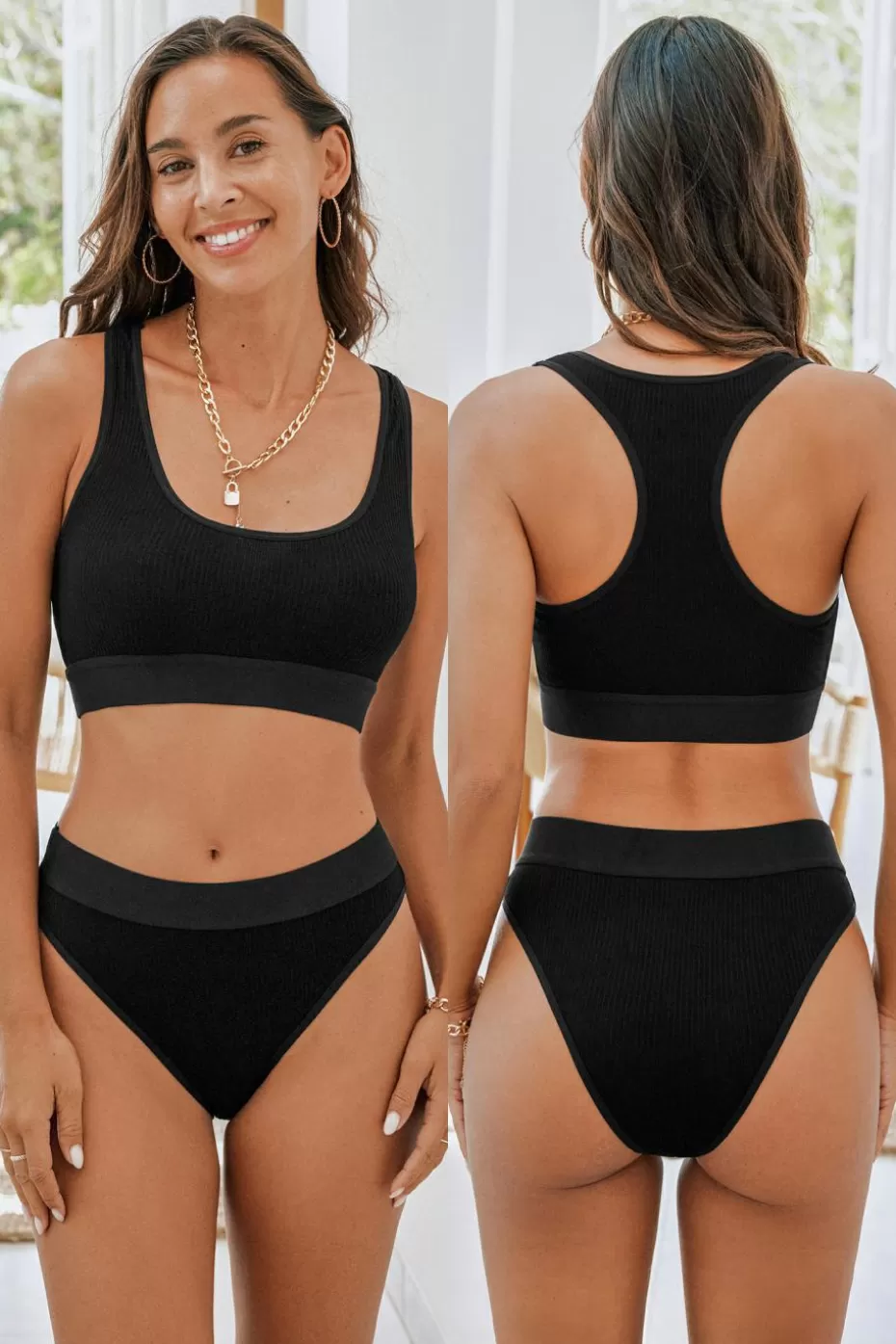 Online Cupshe Ribbed Knit Sports Bra & Mid-Rise Underwear Set Black