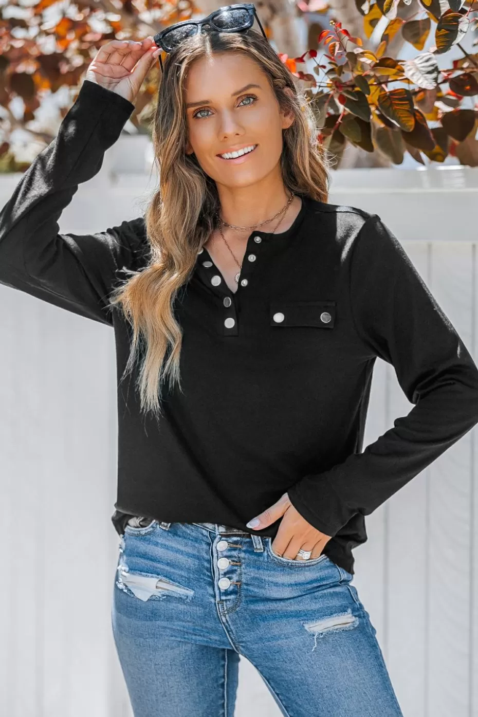 Online Cupshe Round Neck Long Sleeve Henley Black