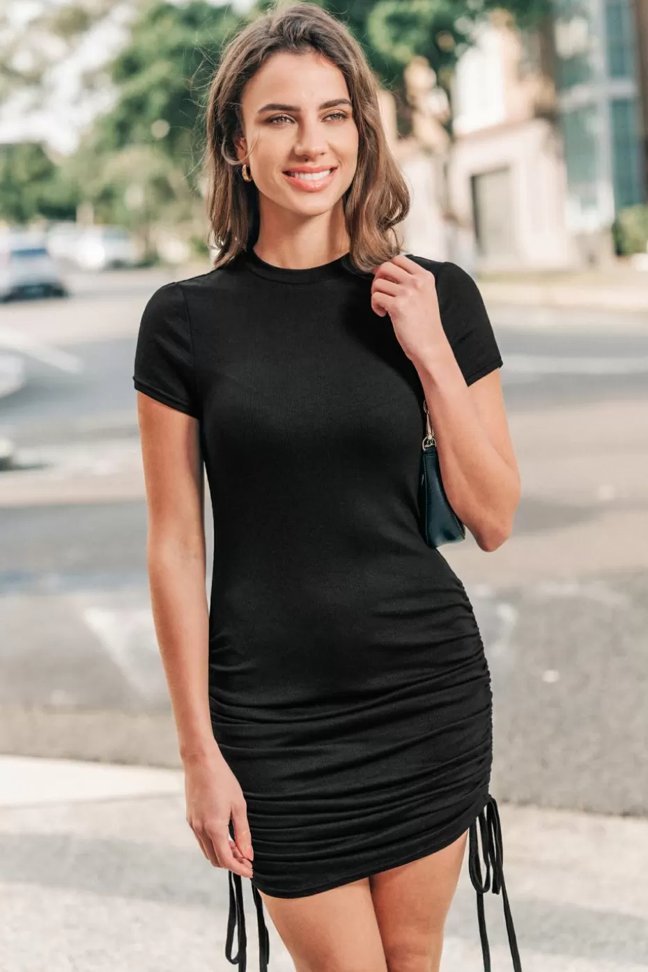 Store Cupshe Round Neck Short Sleeve Drawstring Mini Dress Black