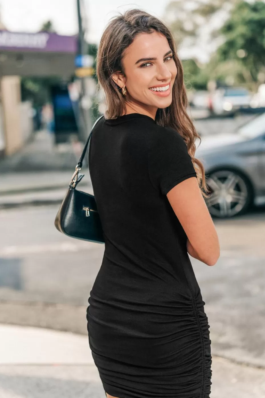 Store Cupshe Round Neck Short Sleeve Drawstring Mini Dress Black